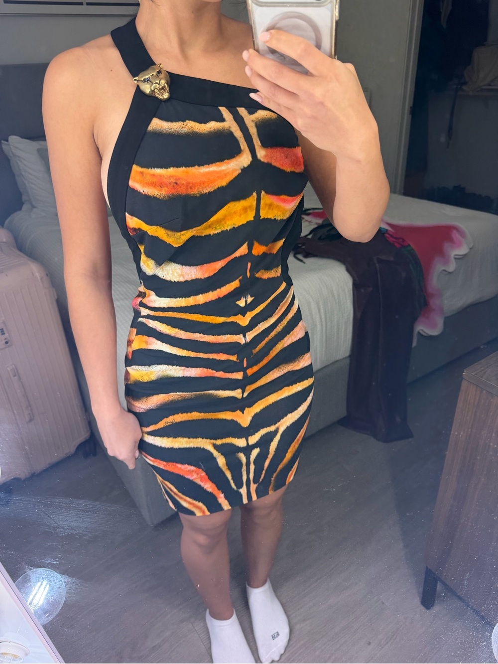 Roberto Cavalli Black Mini Dress with Orange and Yellow Tiger Print